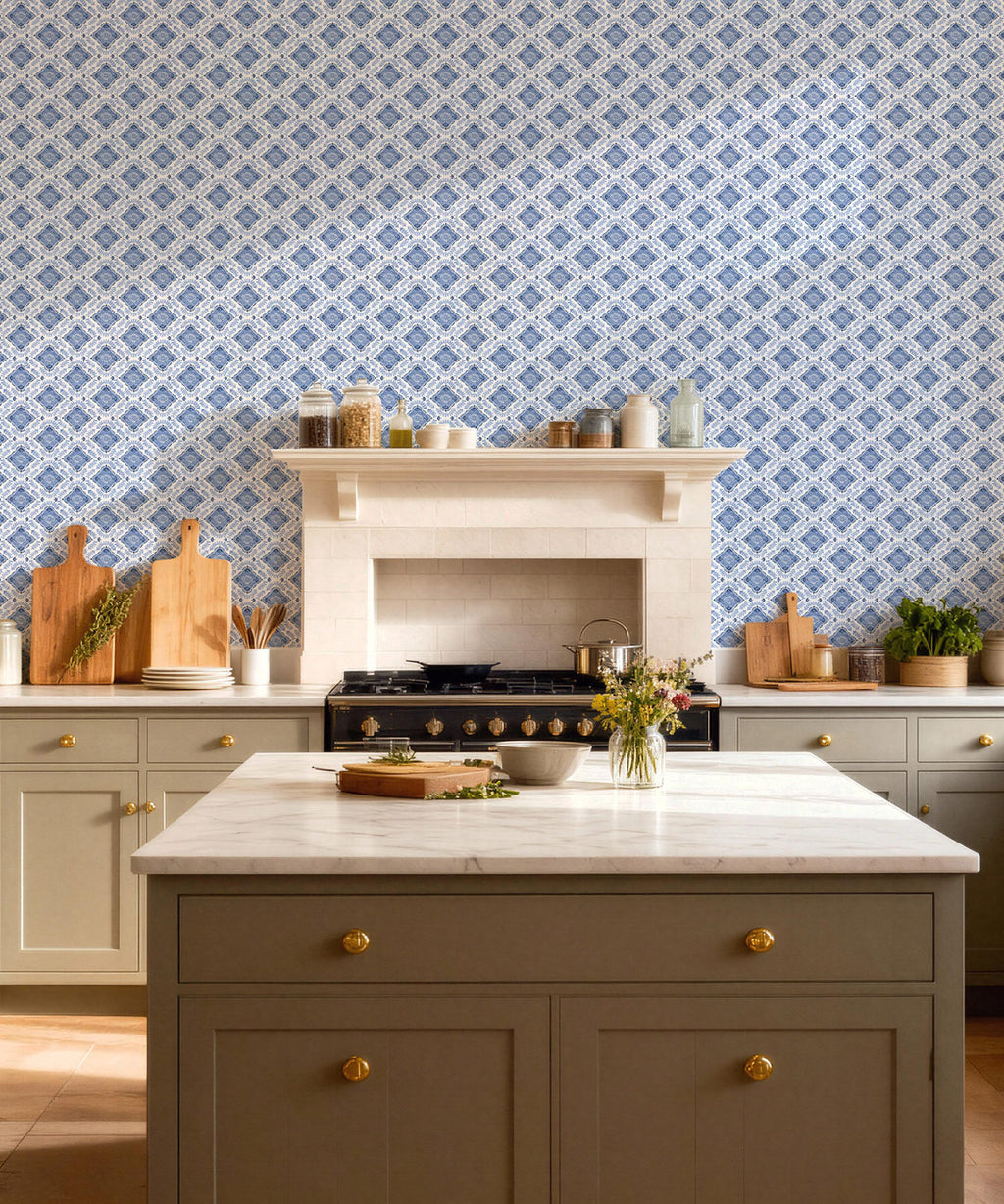 Mandalay Decorative Textile Wallpaper, Blue
