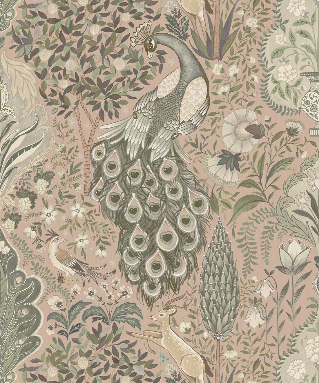 Peacock Garden Decorative Textile Wallpaper, Antique Rose