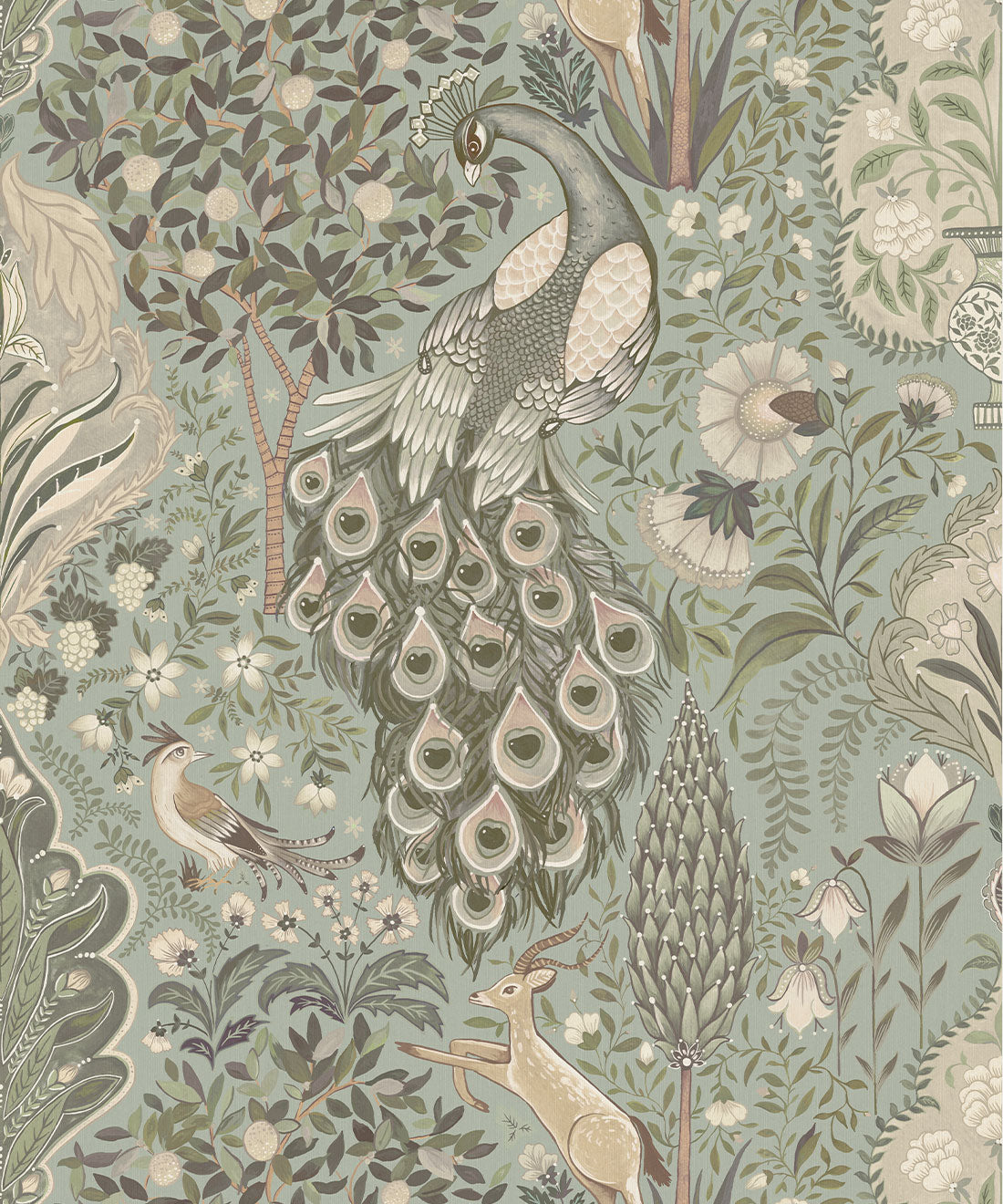 Peacock Garden Decorative Textile Wallpaper, Duck Egg