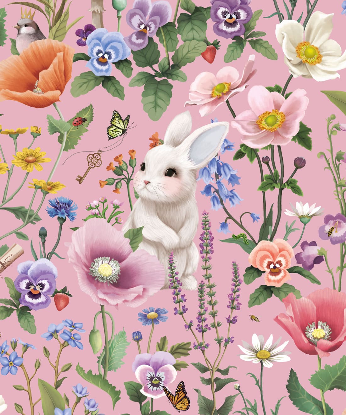 Garden of Bunnies Wallpaper, Pink Bloom