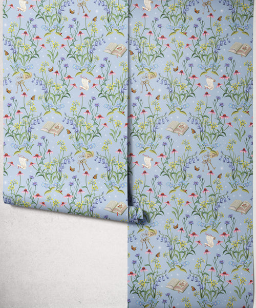 Papel pintado Prado de cuento, azul lavanda