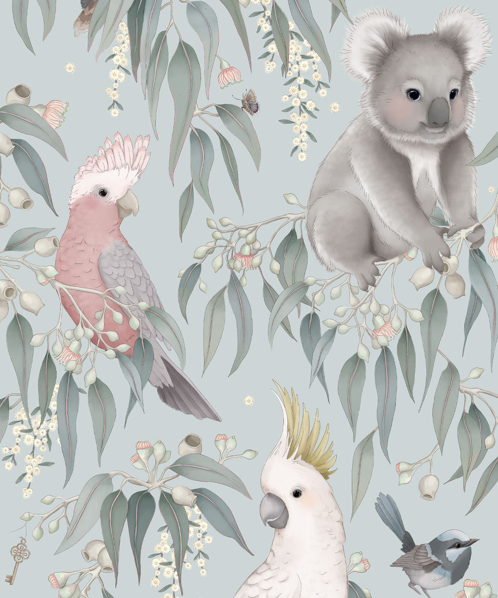 Bush Babies Wallpaper, Soft Blue