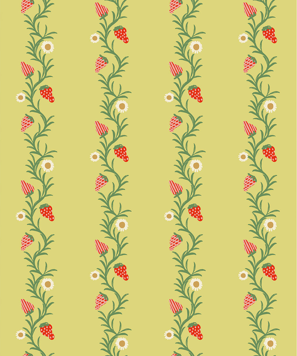Strawberry Fields Wallpaper, Chartreuse & Red