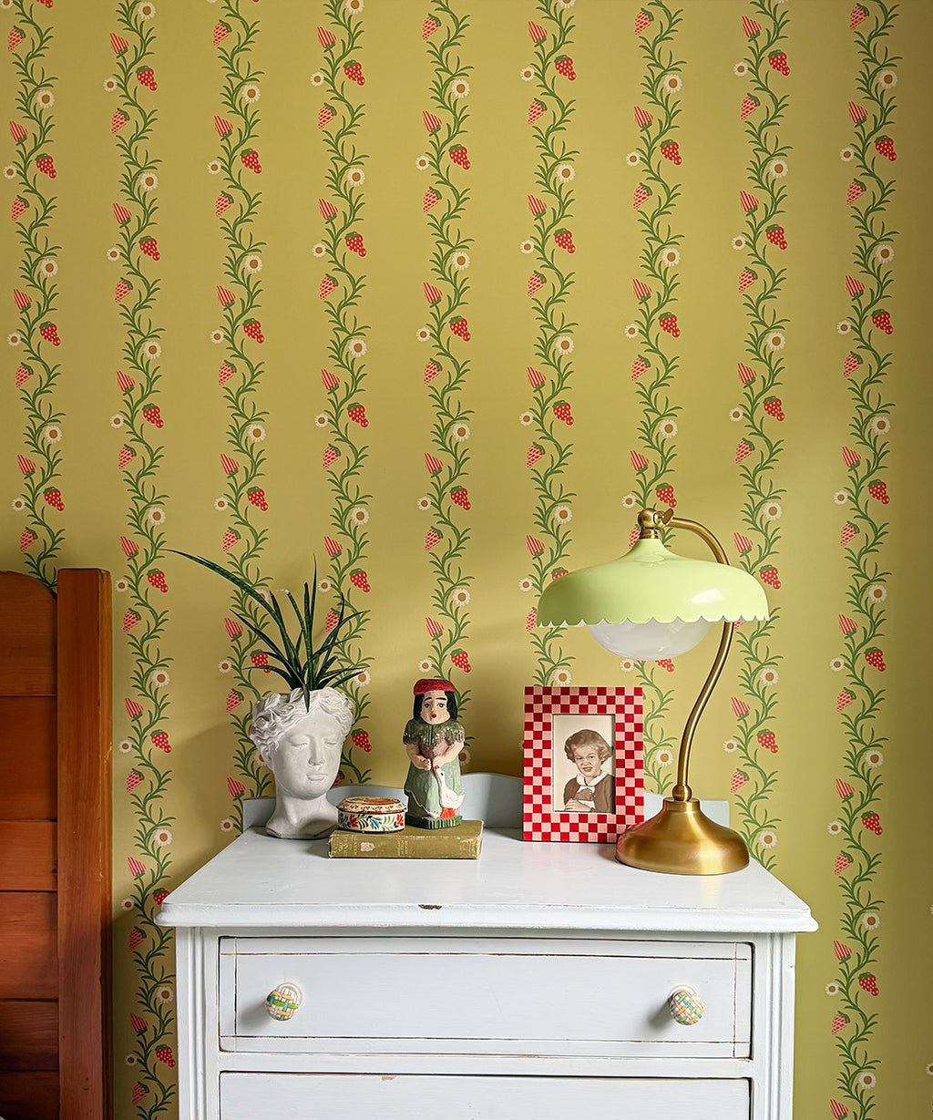 Strawberry Fields Wallpaper, Chartreuse & Red