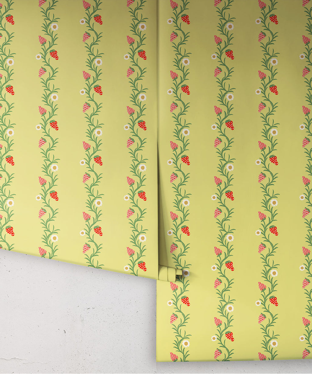 Strawberry Fields Wallpaper, Chartreuse & Red