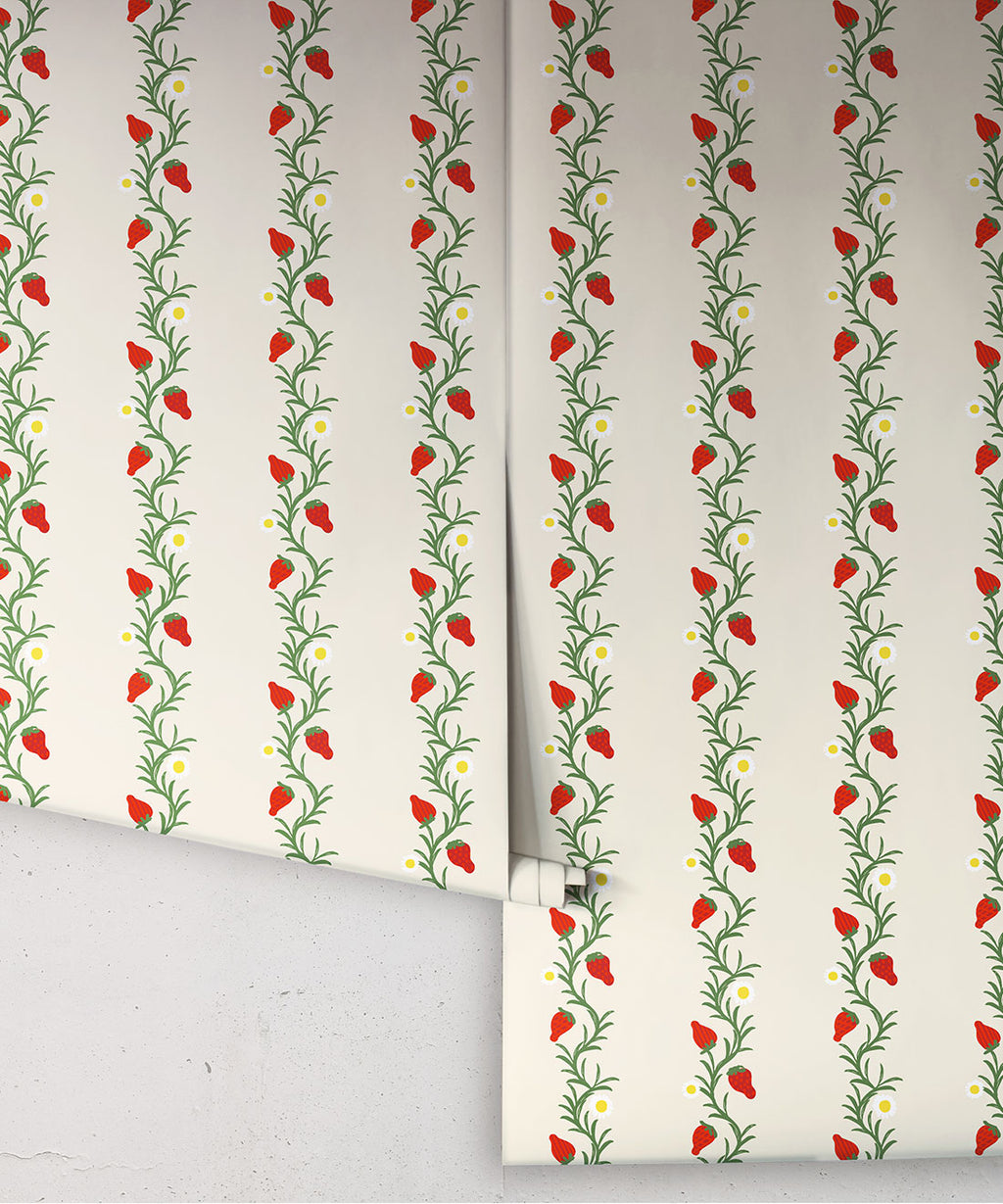 Strawberry Fields Wallpaper, Ivory & Red