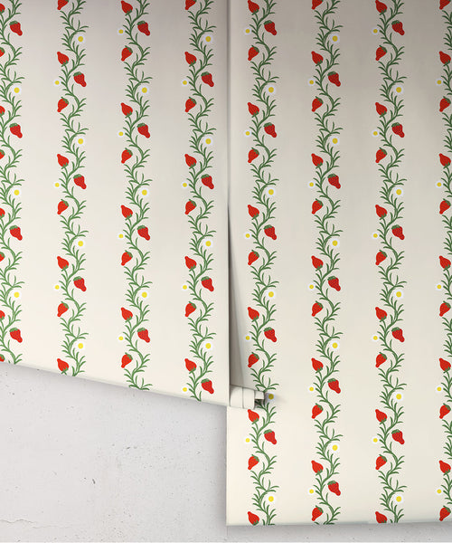 Papel tapiz Strawberry Fields, marfil y rojo
