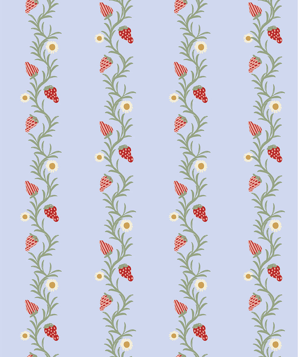 Strawberry Fields Wallpaper, Periwinkle & Red