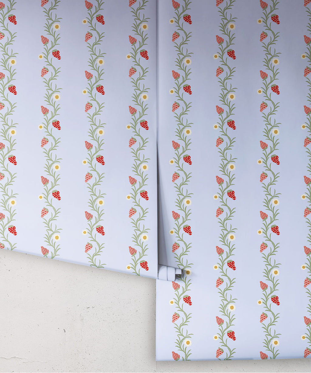 Strawberry Fields Wallpaper, Periwinkle & Red
