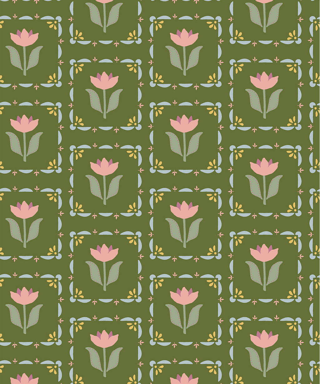 Flora Wallpaper, Green Pink