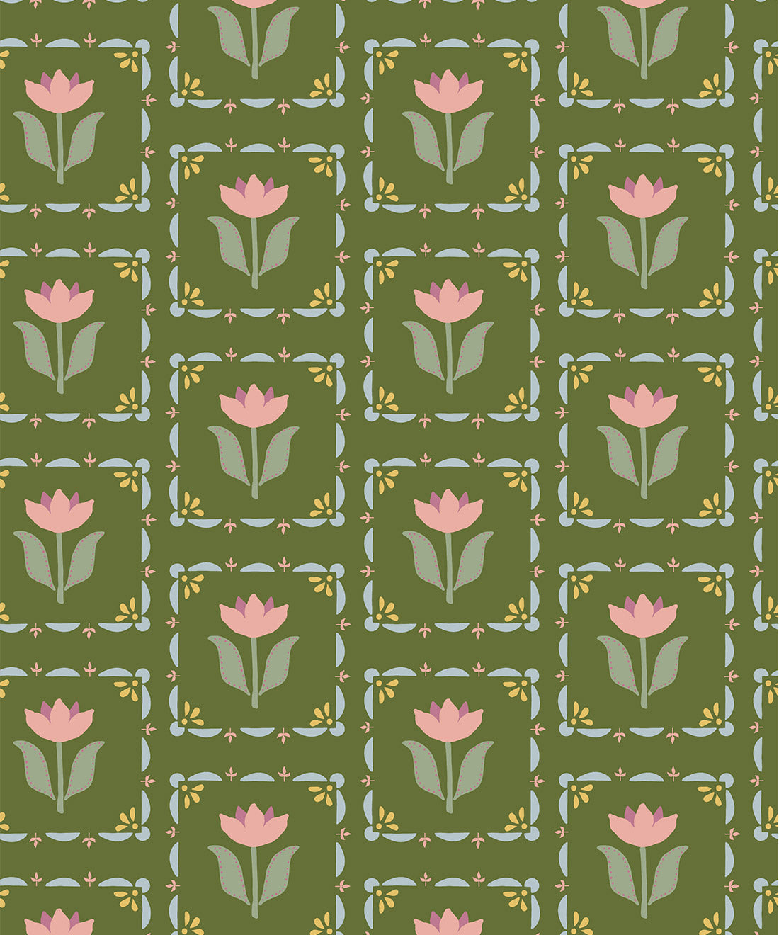 Flora Wallpaper, Green Pink