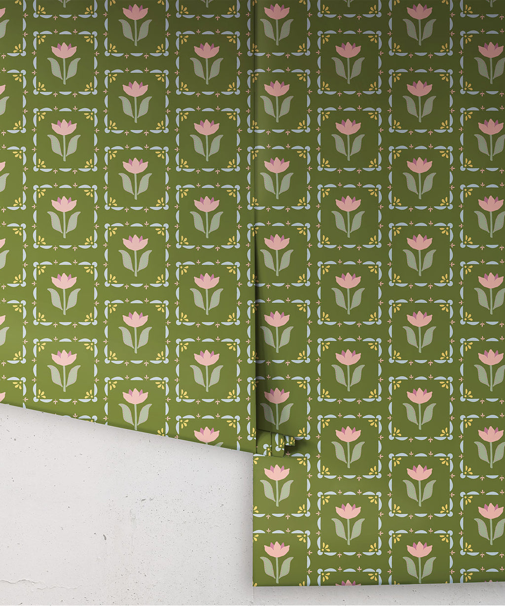 Flora Wallpaper, Green Pink