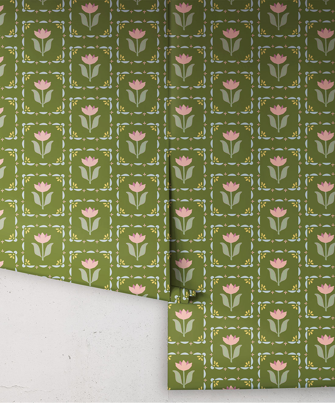 Flora Wallpaper, Green Pink