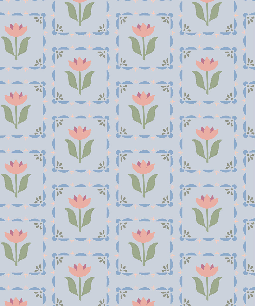 Flora Wallpaper, Periwinkle & Pink