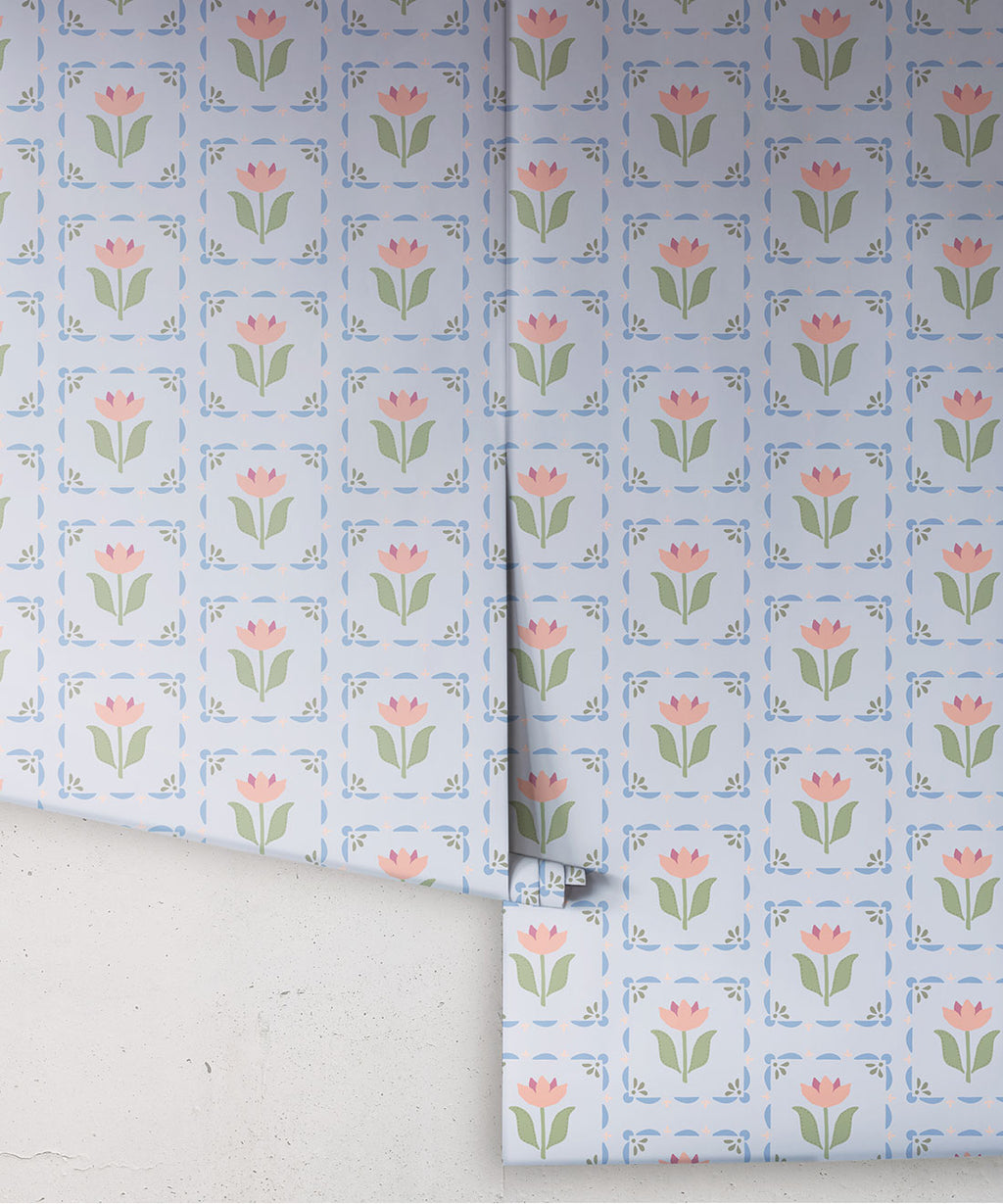 Flora Wallpaper, Periwinkle & Pink