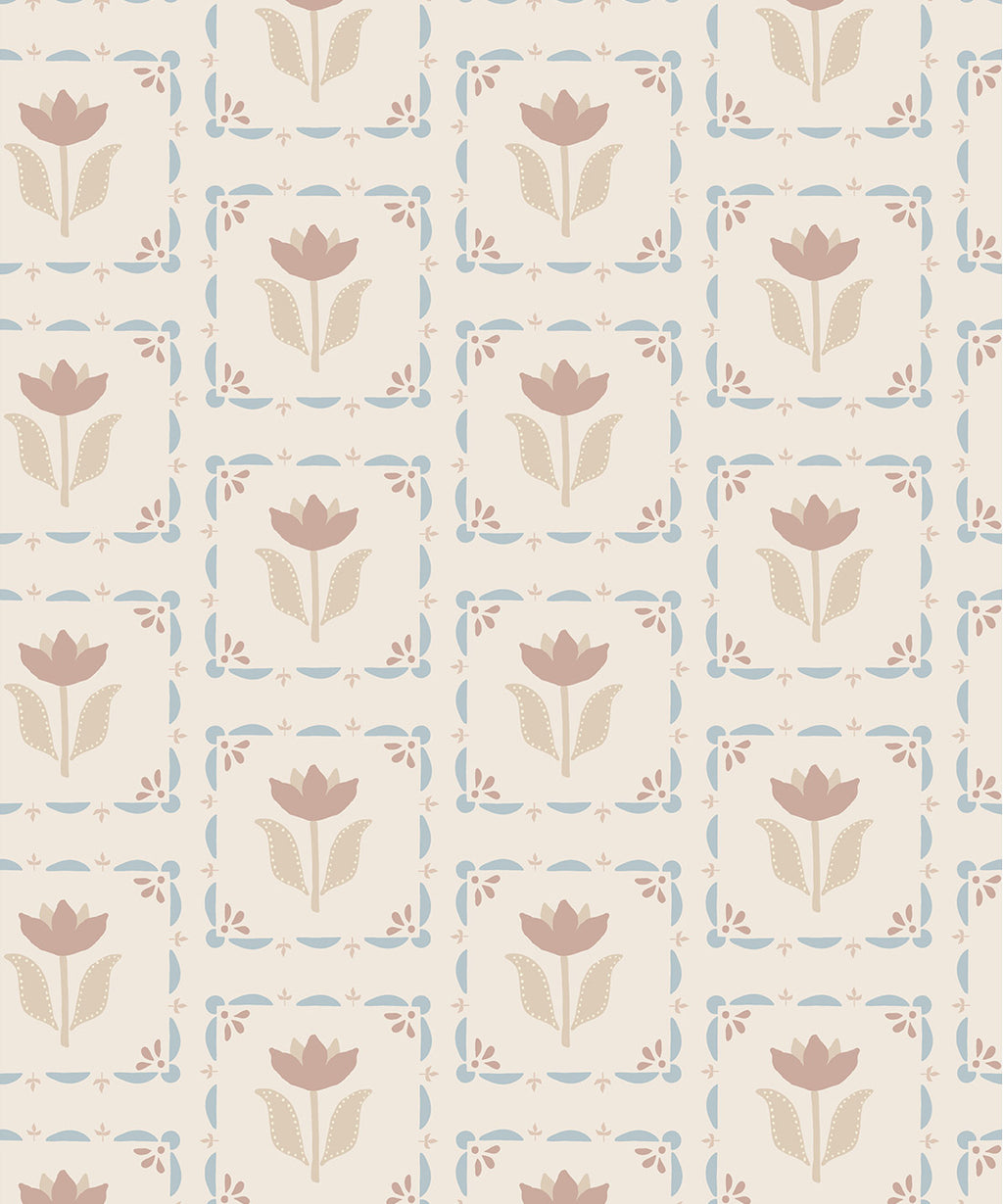 Flora Wallpaper, Taupe & Blue