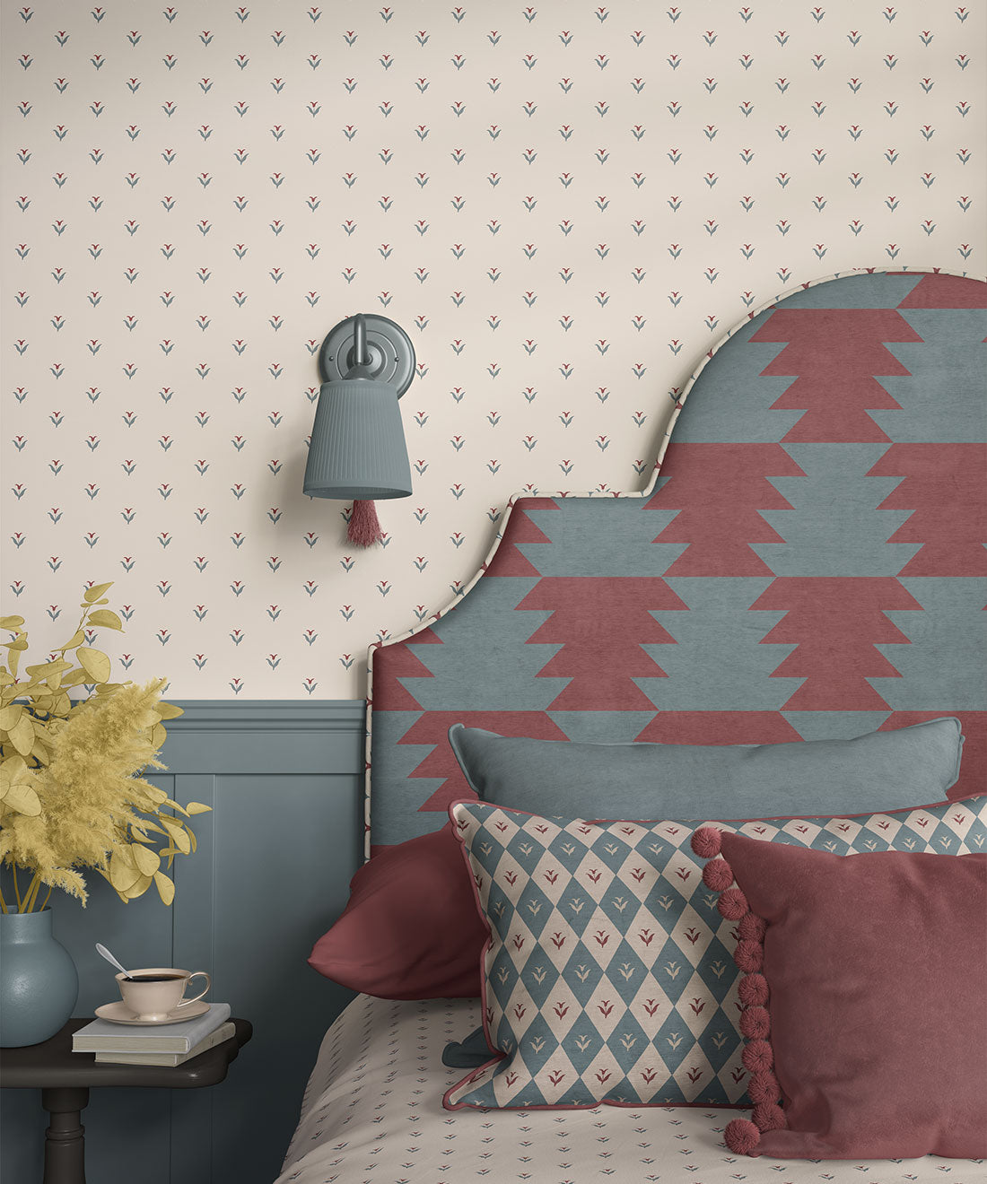 Nana’s Kitchen Wallpaper, Ivory, Burgundy & Blue