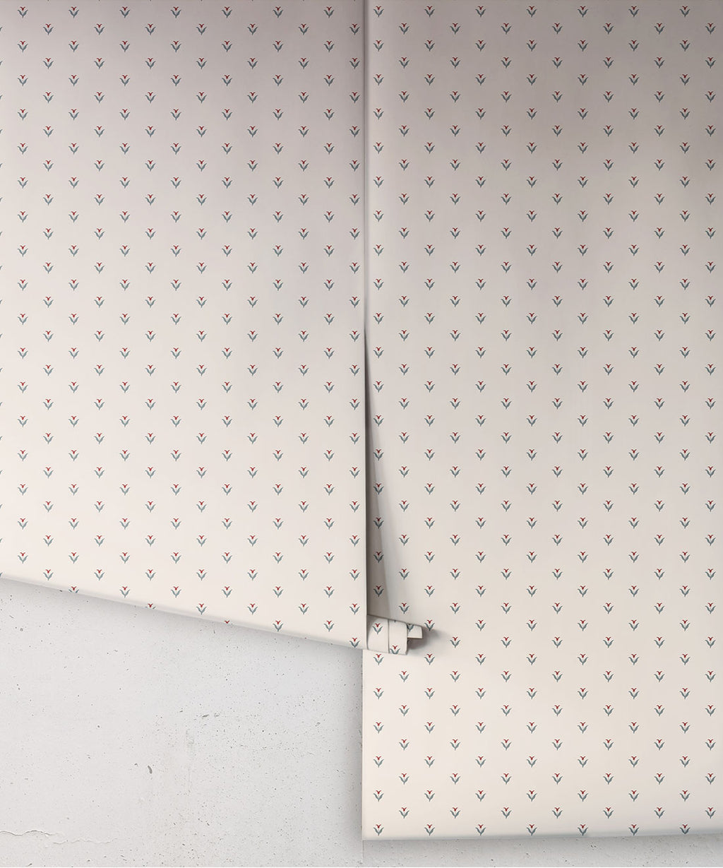 Nana’s Kitchen Wallpaper, Ivory, Burgundy & Blue