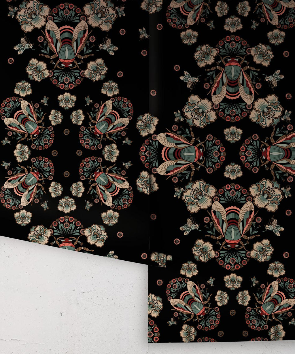 Bees Lace Wallpaper, Black