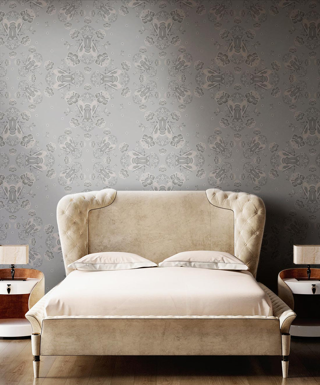 Bees Lace Wallpaper, Grey