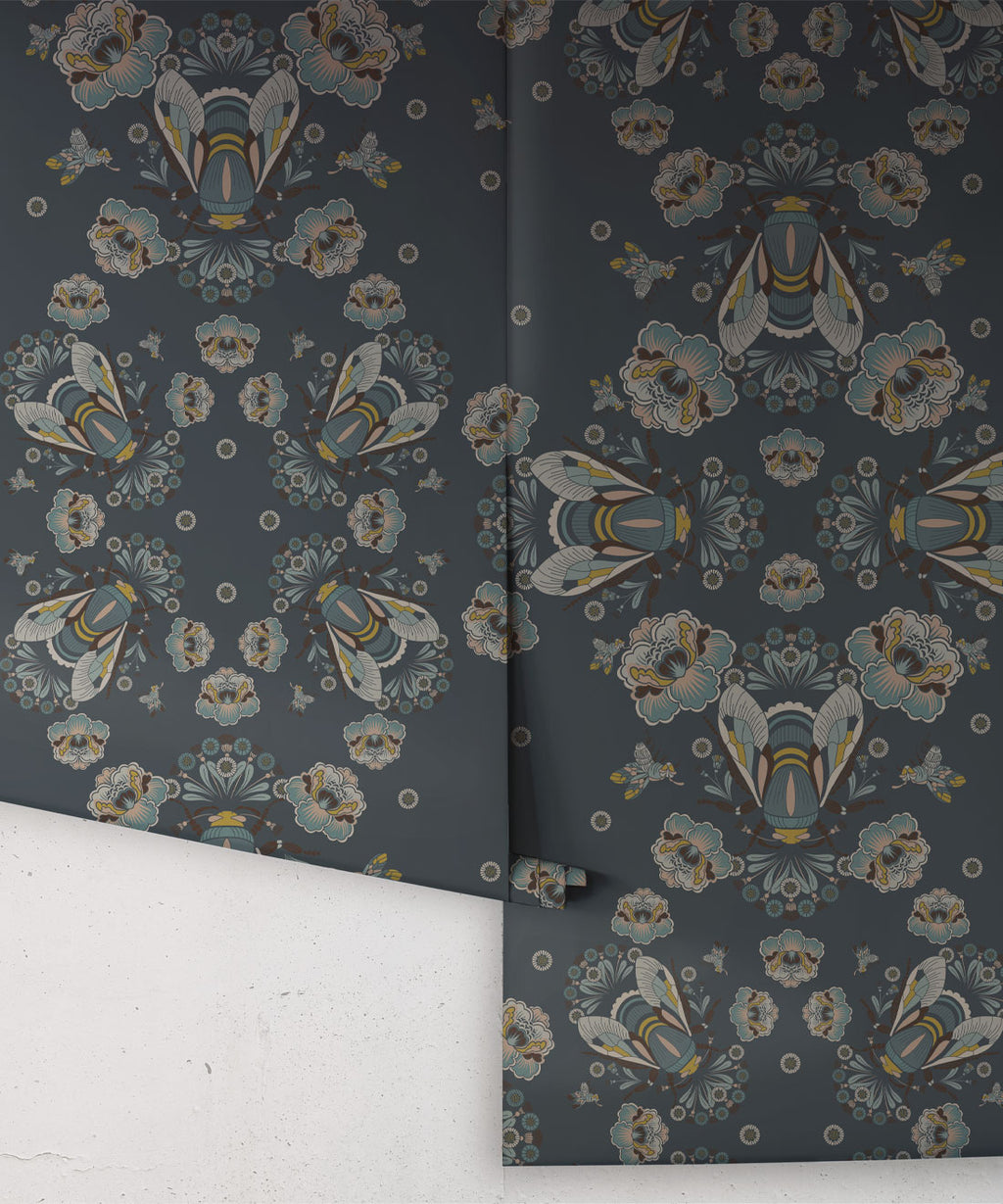 Bees Lace Wallpaper, Navy