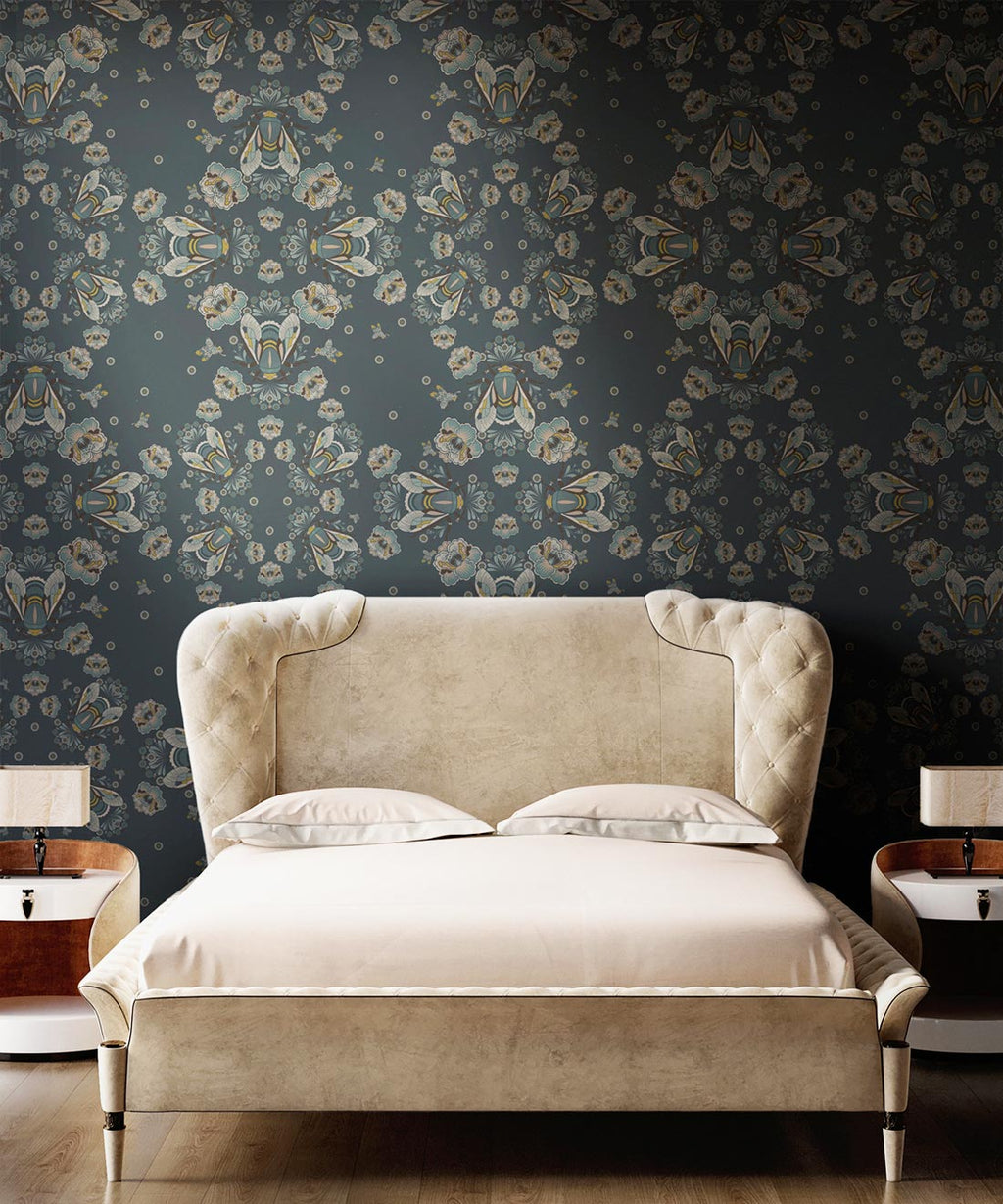 Bees Lace Wallpaper, Navy