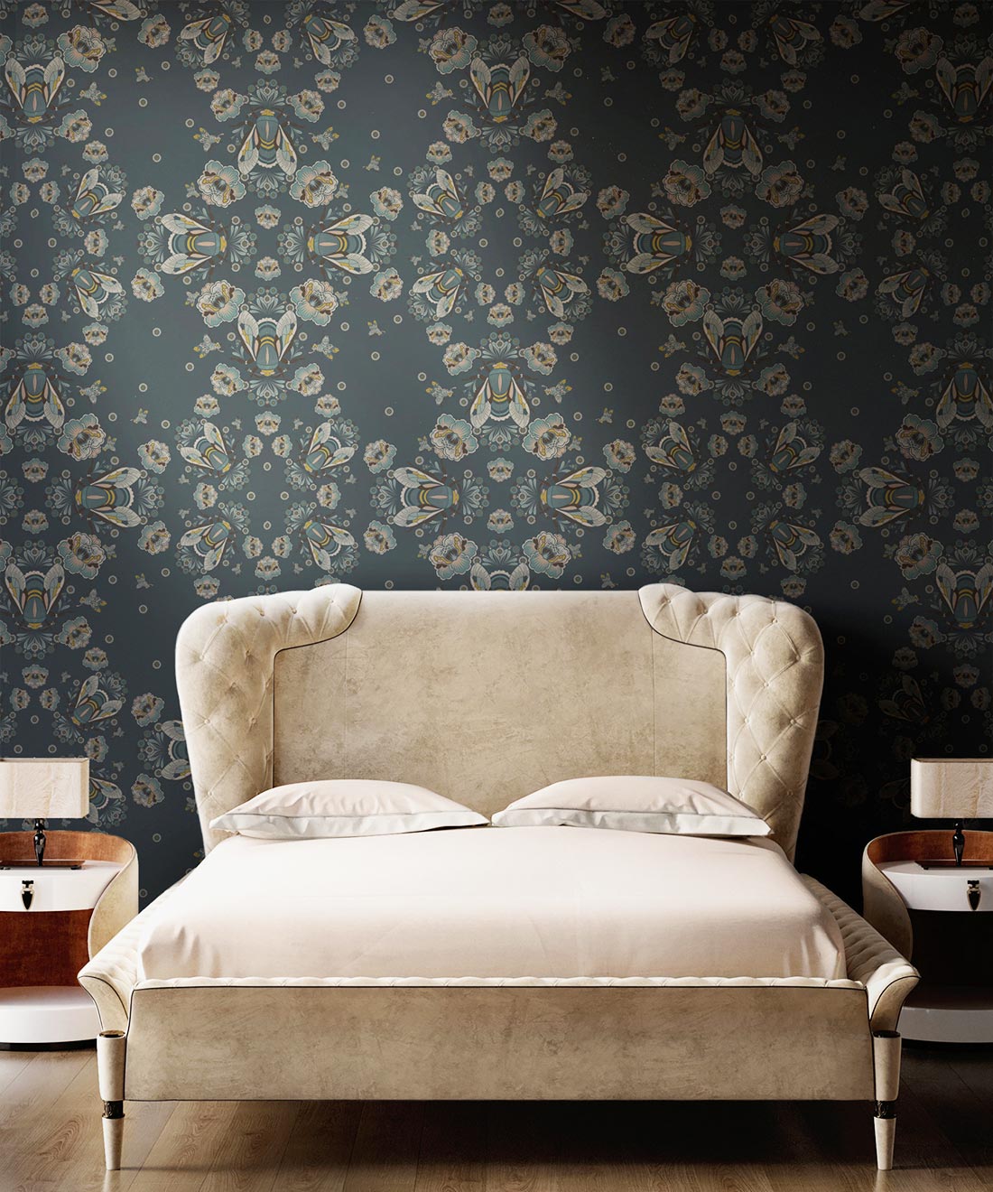 Bees Lace Wallpaper, Navy