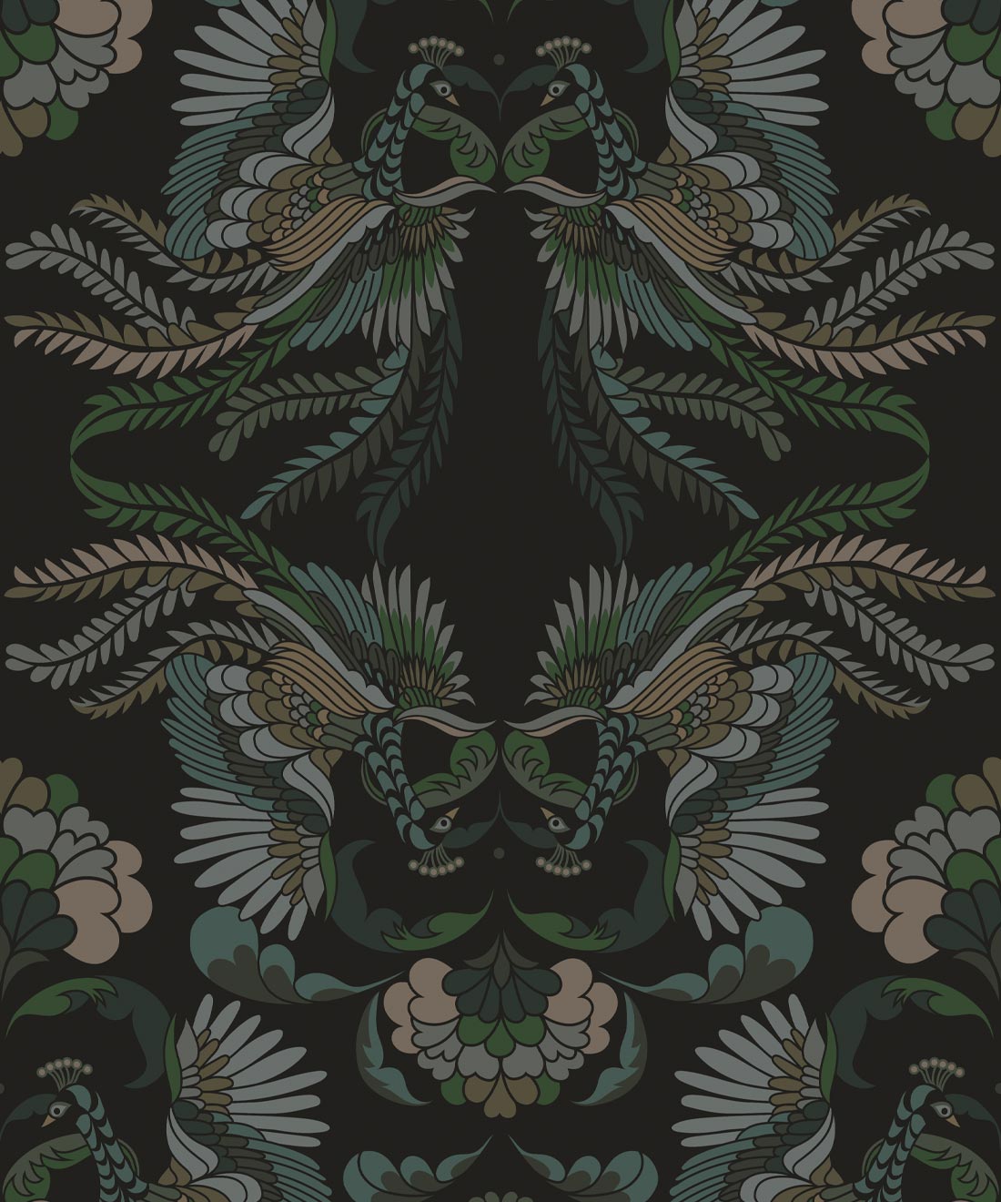 Prancing Peacocks Wallpaper, Midnight
