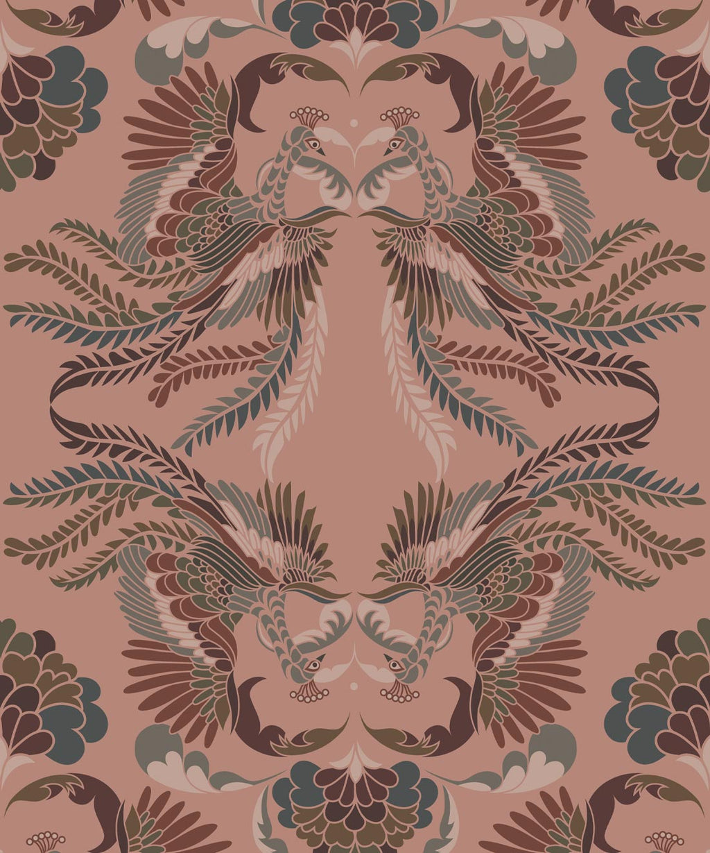 Prancing Peacocks Wallpaper, Salmon