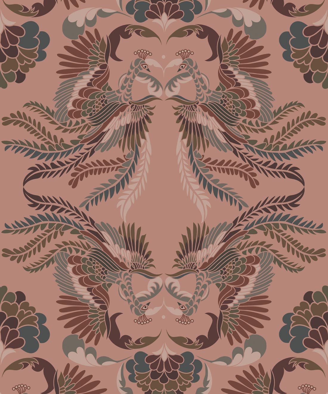 Prancing Peacocks Wallpaper, Salmon