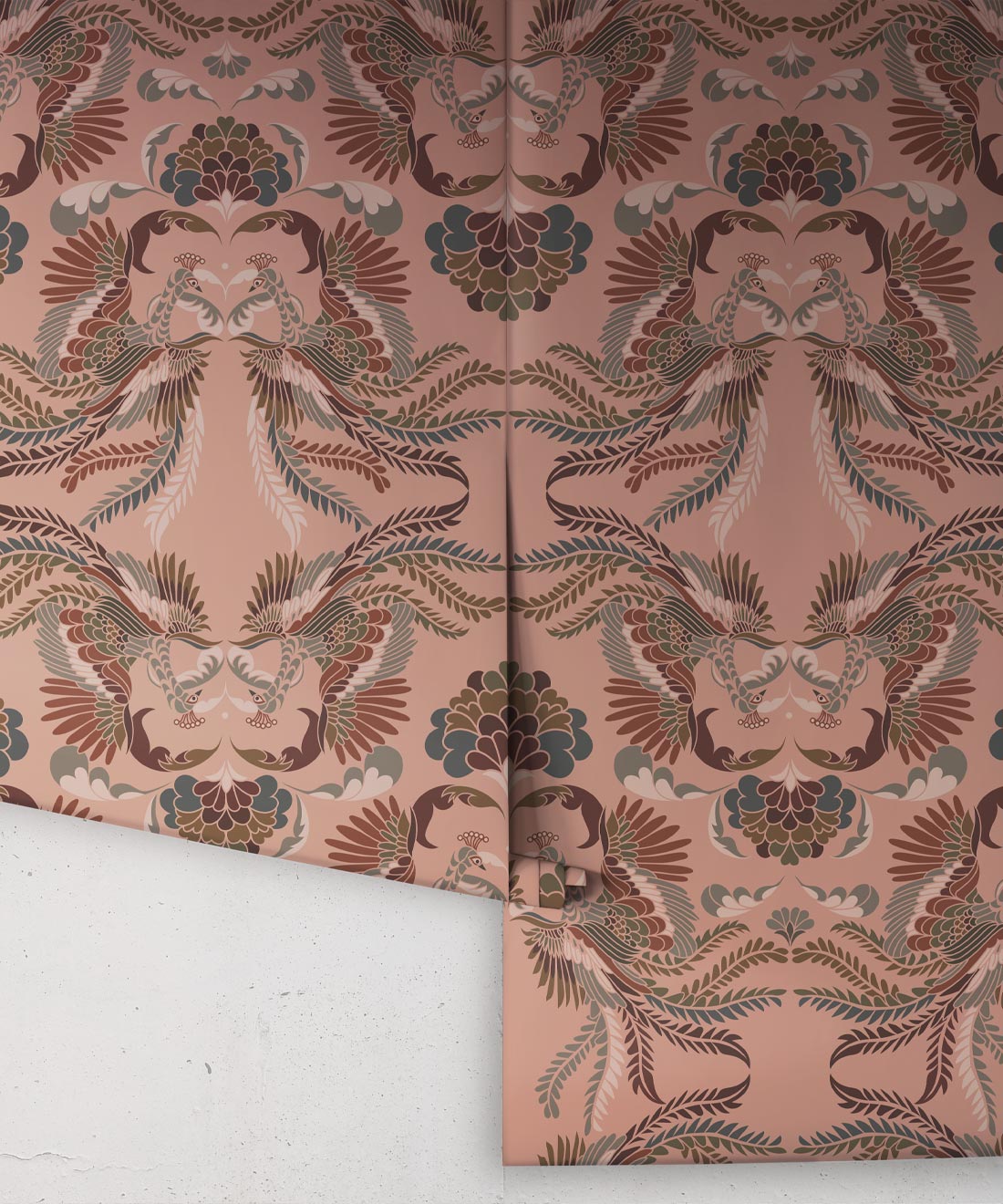 Prancing Peacocks Wallpaper, Salmon