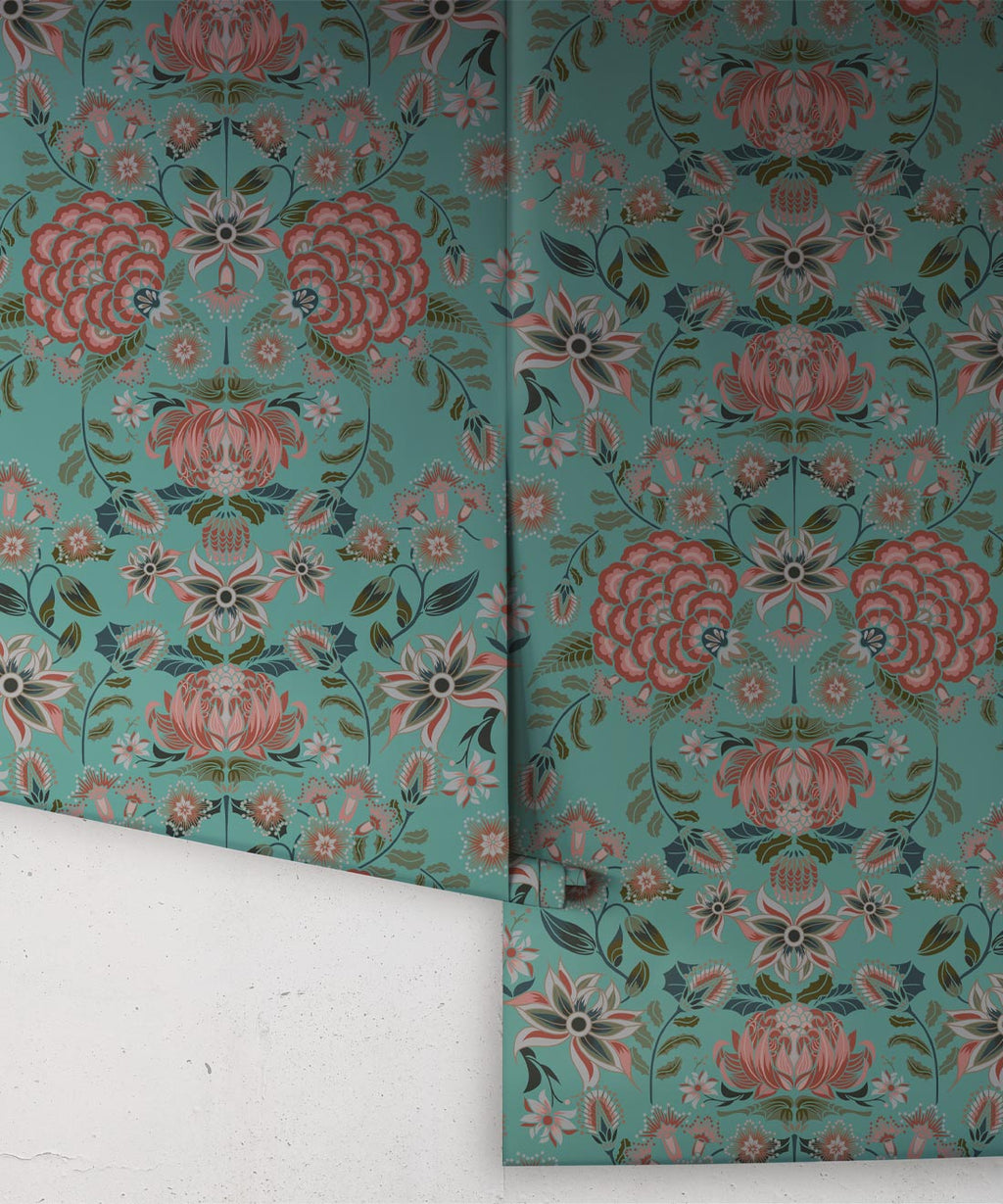 Waratah Wonderland Wallpaper, Teal