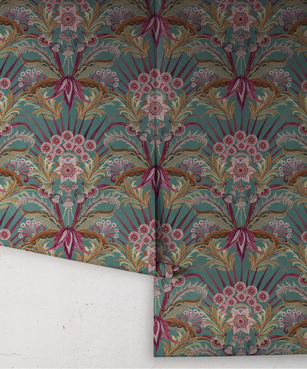 Morning Flowers Wallpaper, Tropical Teal
