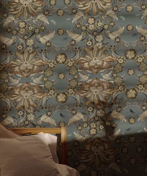 Hummingbird Garden Wallpaper, Denim