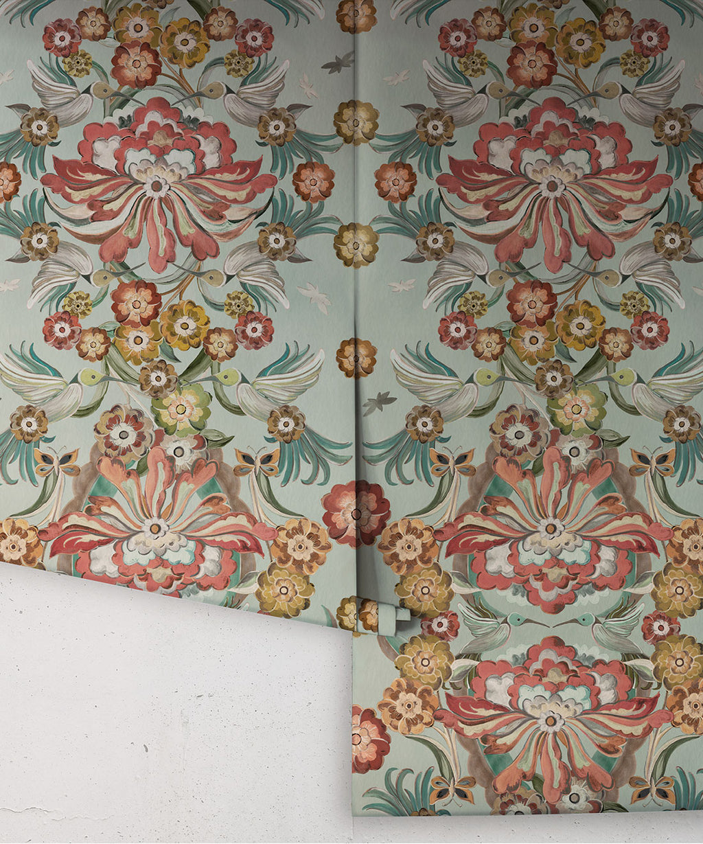 Hummingbird Garden Wallpaper, Ice Blue
