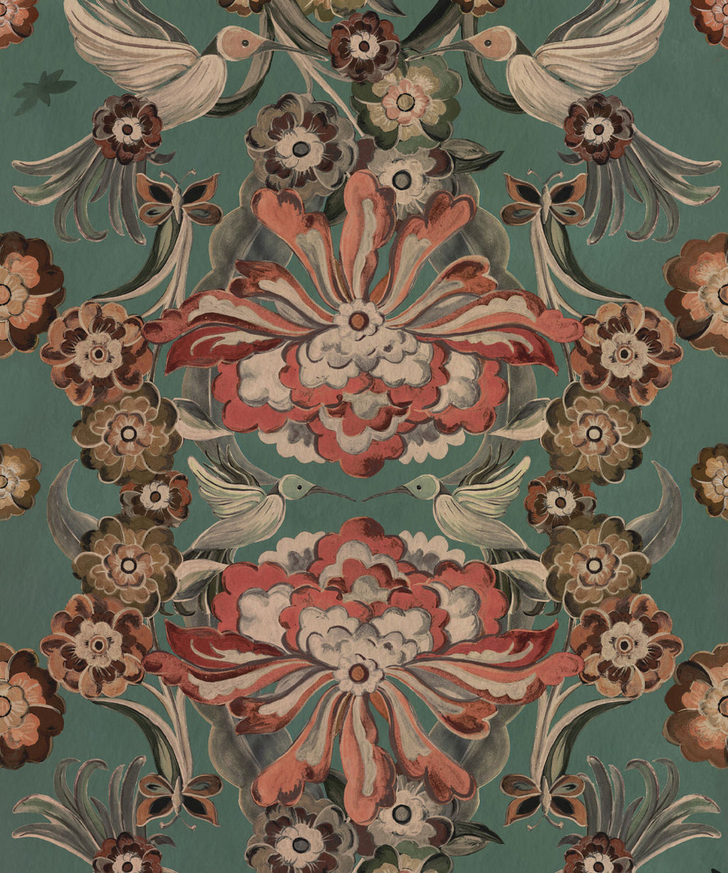 Hummingbird Garden Wallpaper, Teal