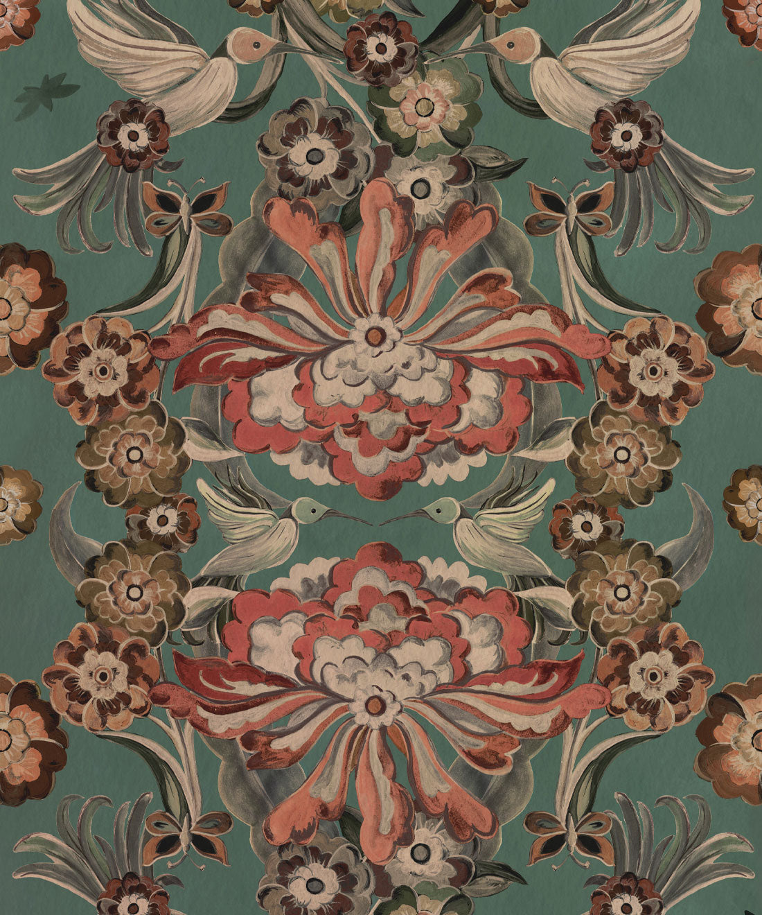 Hummingbird Garden Wallpaper, Teal