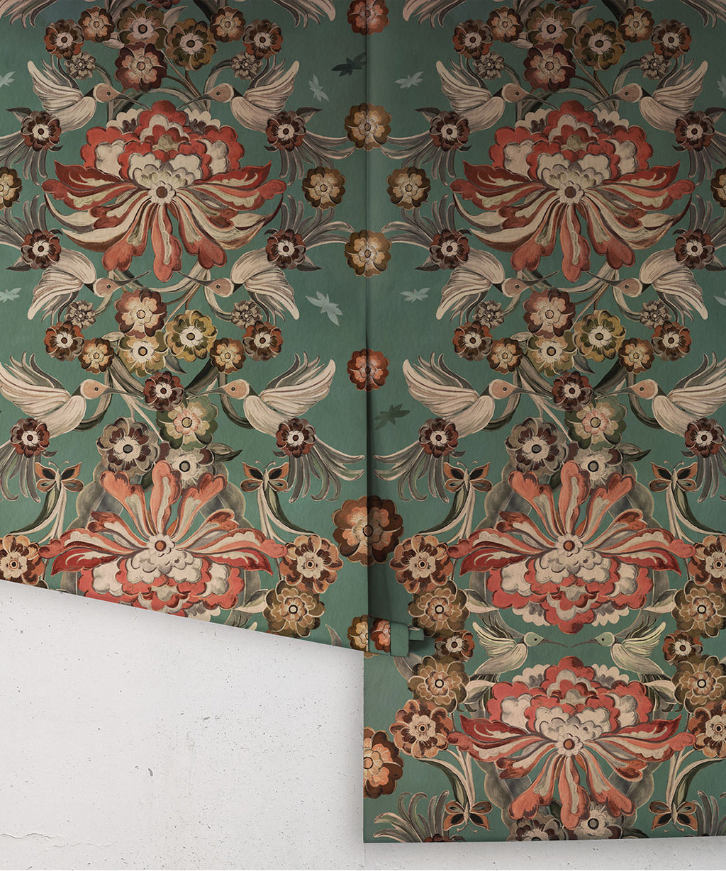 Hummingbird Garden Wallpaper, Teal