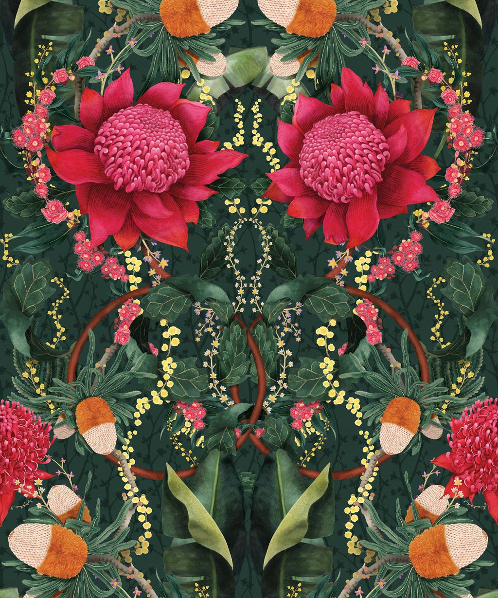 Waratah Medley Wallpaper, Evergreen