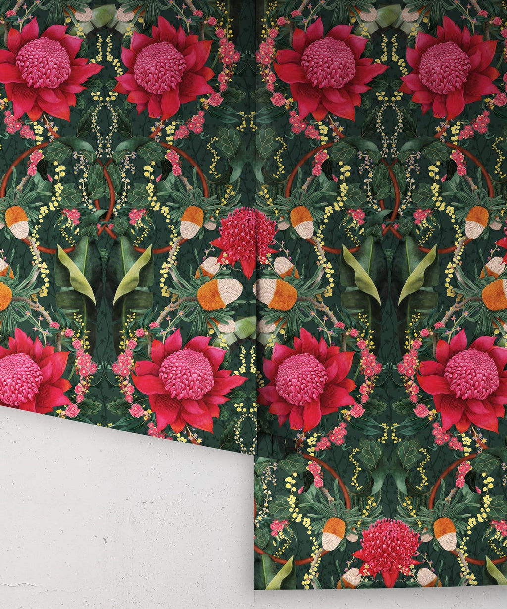 Waratah Medley Wallpaper, Evergreen