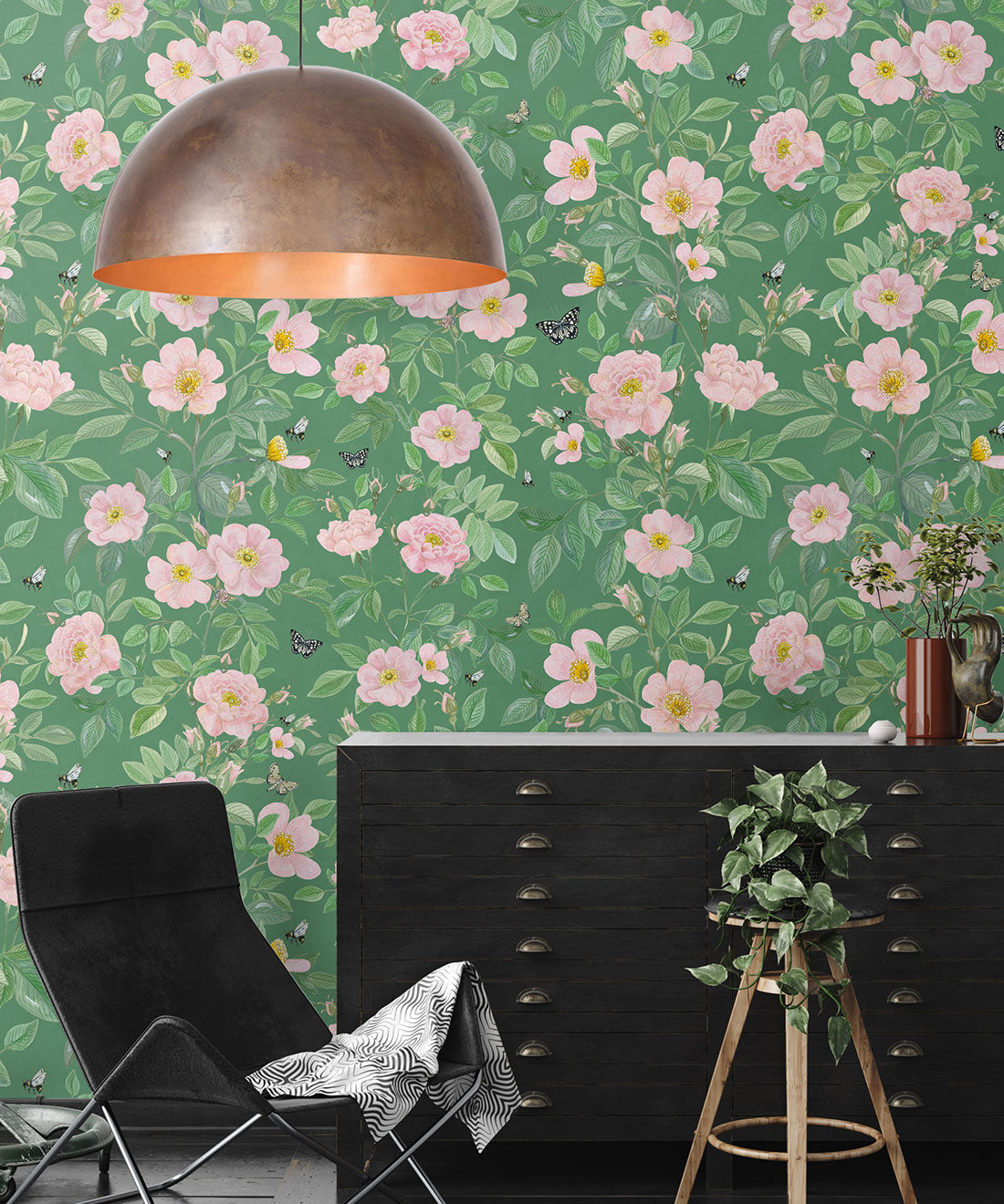 Rosa Wallpaper, Forest Green