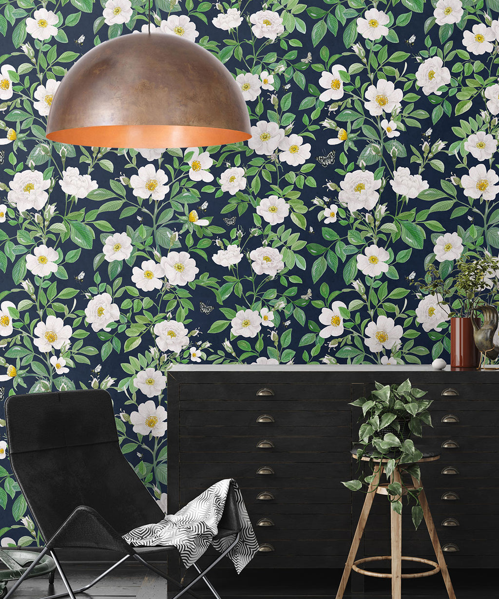 Rosa Wallpaper, Navy