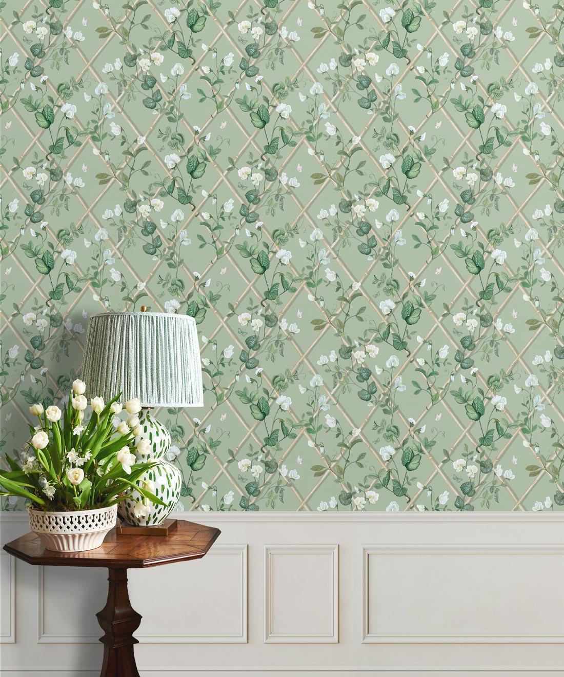 Petite Climbing Sweet Pea Wallpaper, Sage & Cane
