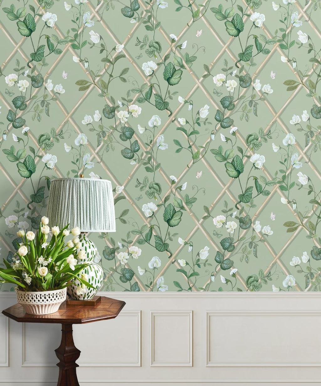 Grande Climbing Sweet Pea Wallpaper, Sage & Cane