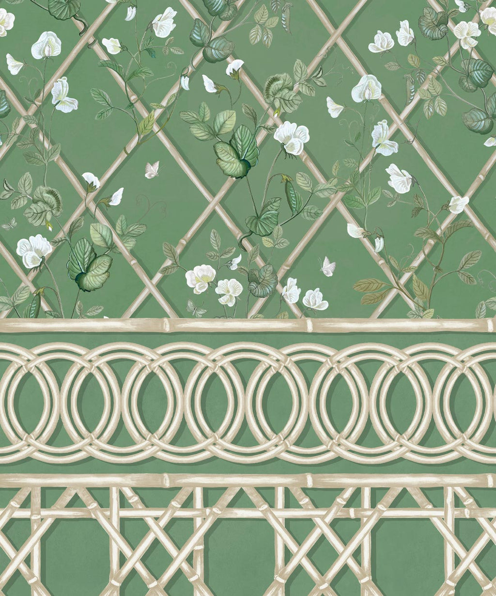 Climbing Sweet Pea Frieze Mural, Dark Green & Cane