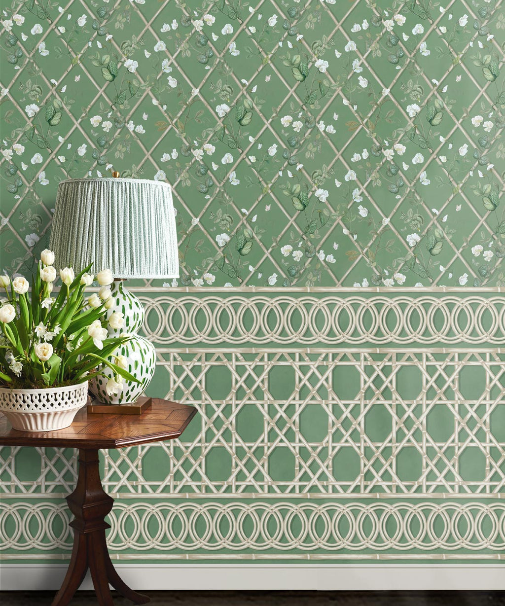 Climbing Sweet Pea Frieze Mural, Dark Green & Cane