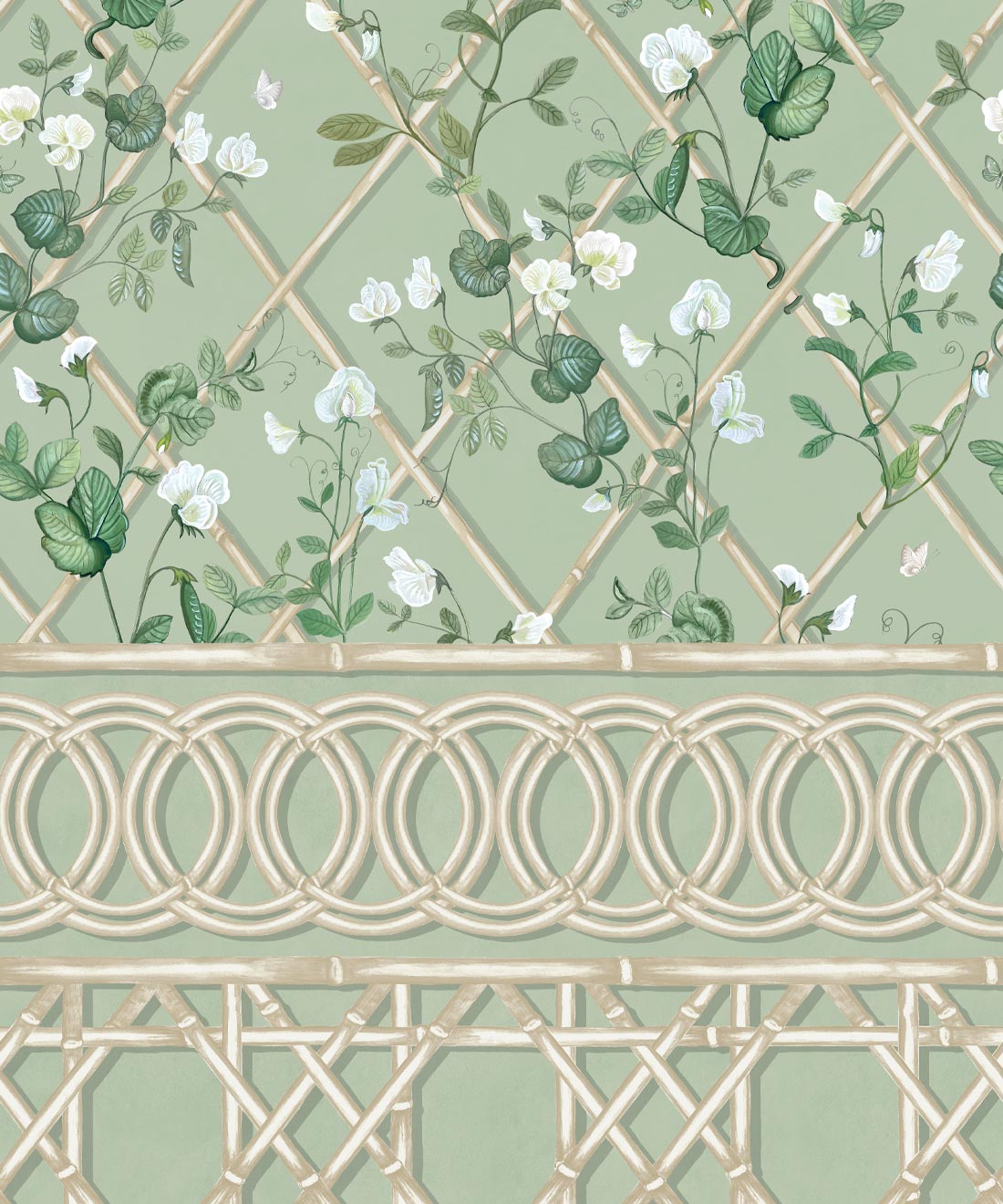 Climbing Sweet Pea Frieze Mural, Sage & Cane