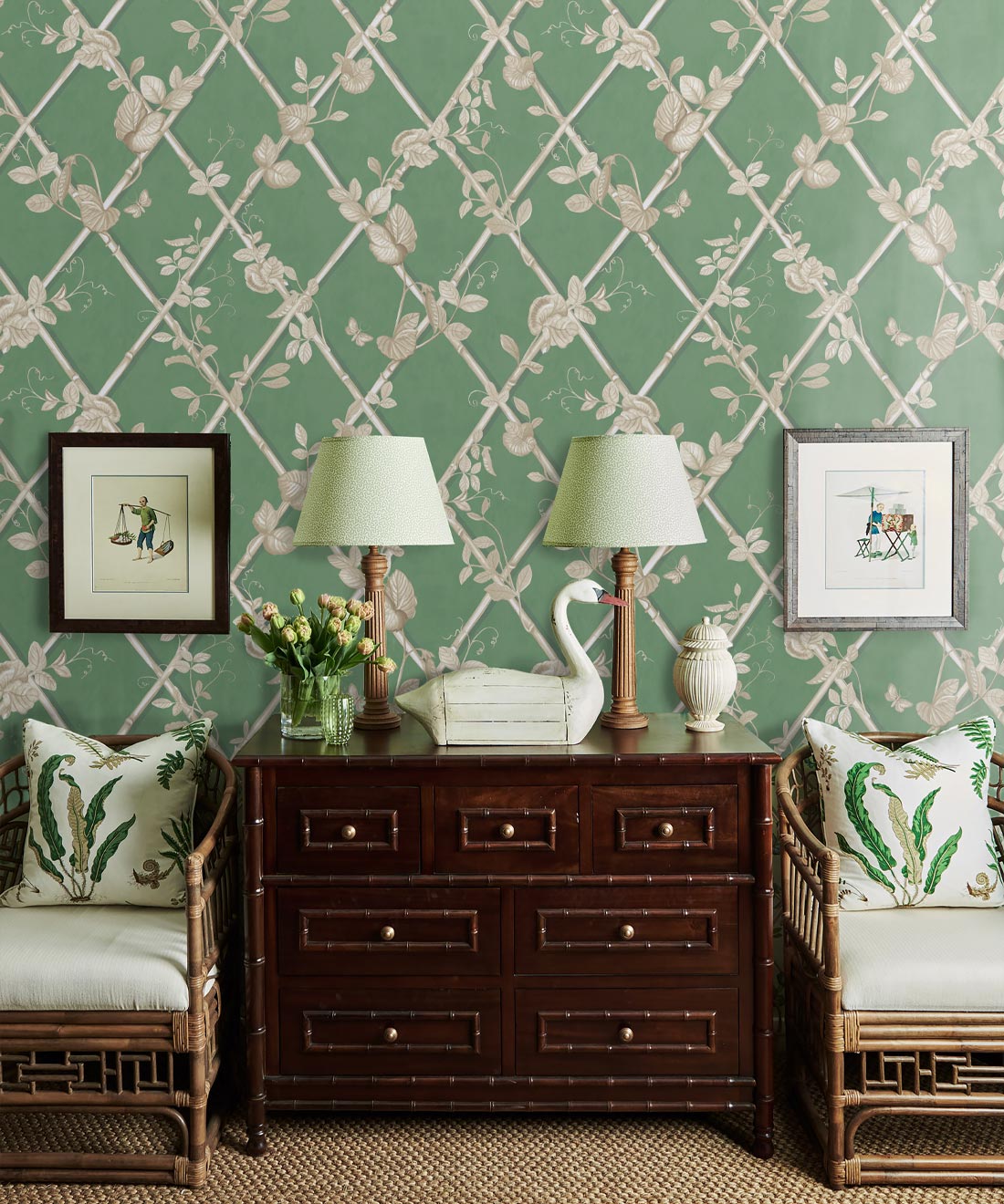 Grande Ivy Wallpaper, Dark Green & Cane