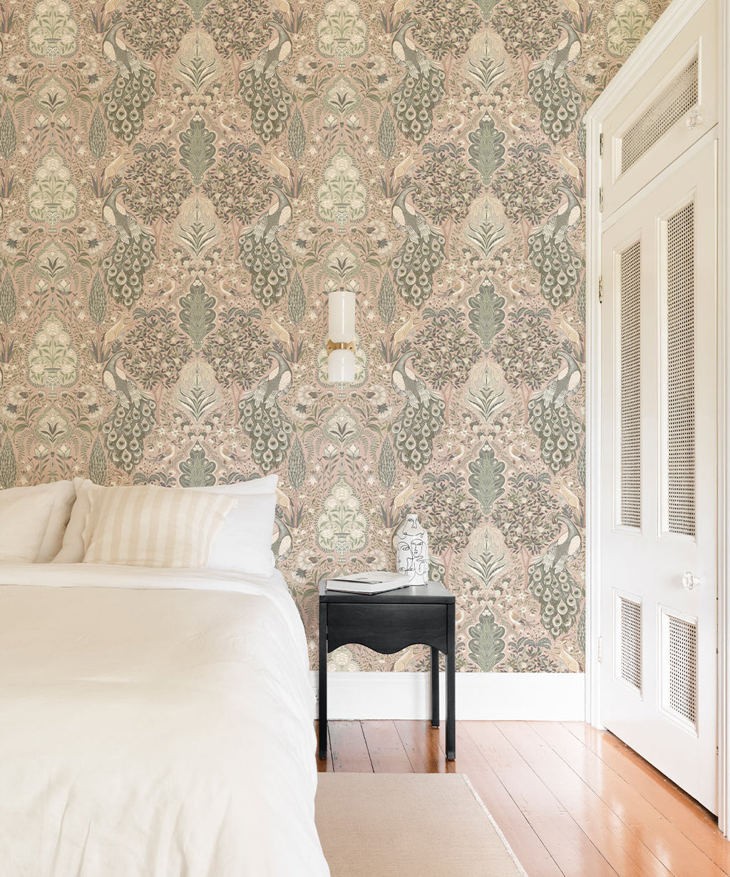 Peacock Garden Wallpaper, Antique Rose