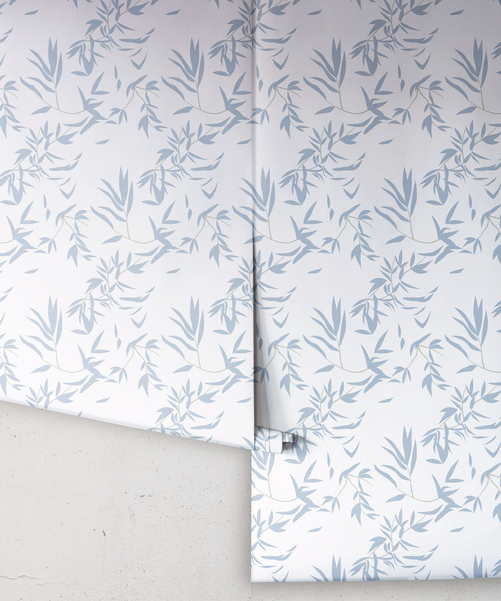 Bamboo Leaves Wallpaper, Dusty Blue